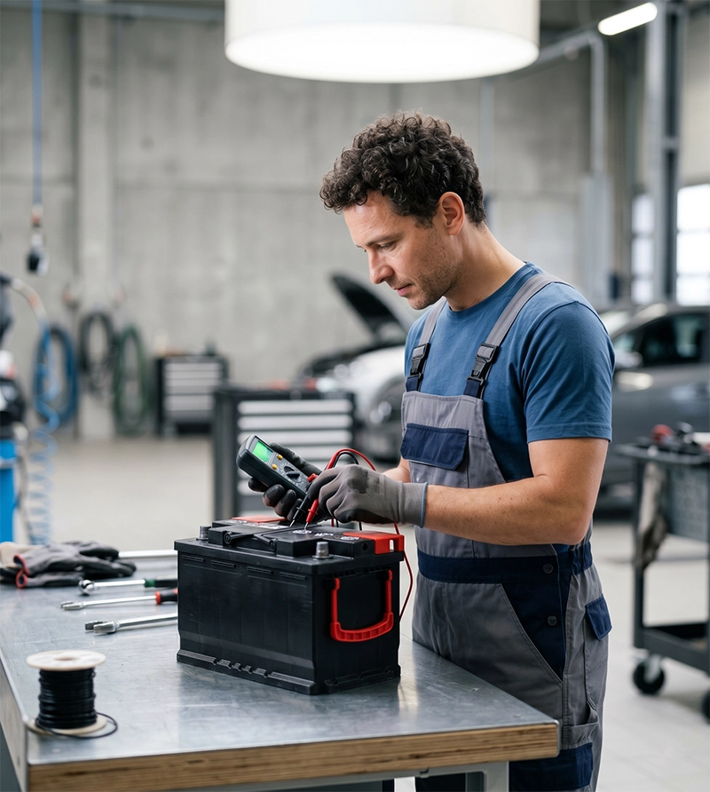 Technician performing quality inspection on an automotive battery