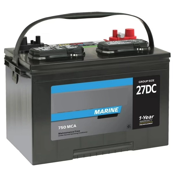 Marine deep-cycle battery with sturdy handles