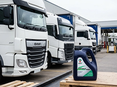 Commercial truck fleet at a logistics depot