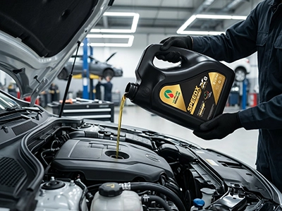 Passenger car engine bay with engine oil being serviced