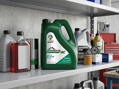 Assorted automotive lubricant bottles on a workshop shelf