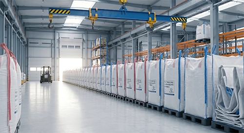 Row of white FIBC jumbo bulk bags in a logistics warehouse