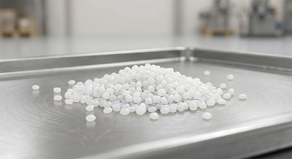 Close-up of natural white HDPE plastic pellets