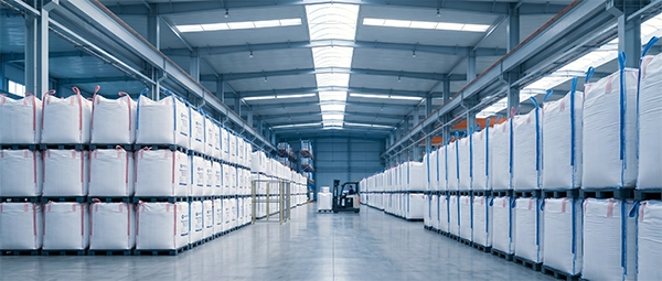 Stacked polypropylene woven bulk bags in a warehouse